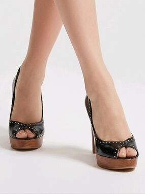 Black and white with brown platform Peep Toe Heels